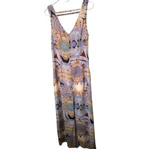 Umgee USA Multicolor Boho Mandala Feather Print Sleeveless V-Neck Maxi Dress S